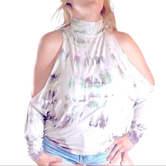 Custom Gypsy 05 Tie Dye Cold Shoulder Mock Turtleneck Top - Picture 1 of 4